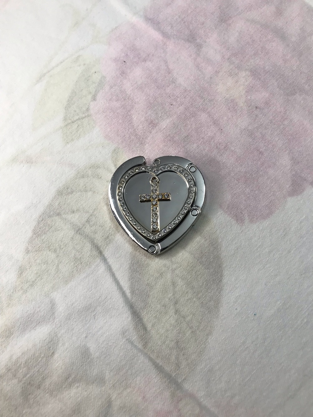 Silver and Gold Tone White Rhinestone Heart Bag Holder with Cross